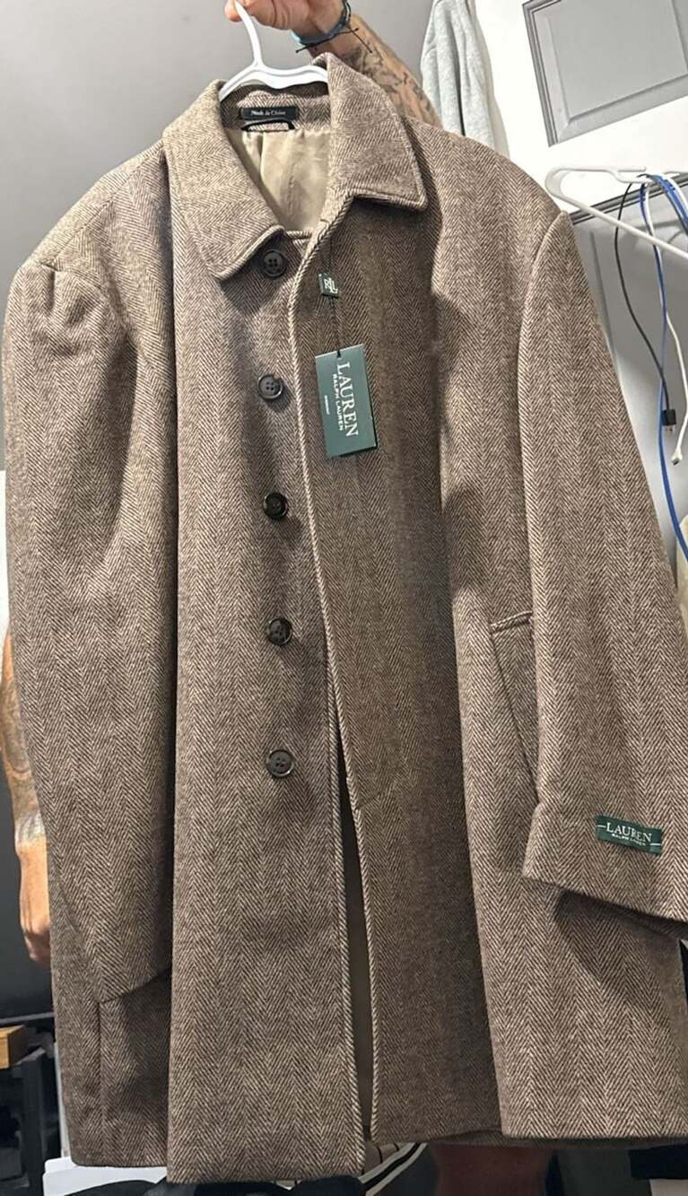 Lauren Ralph Lauren Overcoat Jake Size 48REG Tan Brown Herringbone Tweed